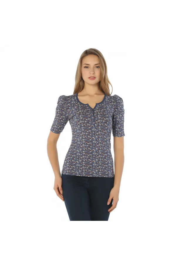 Çiçek Desenli Tişört - Mavi