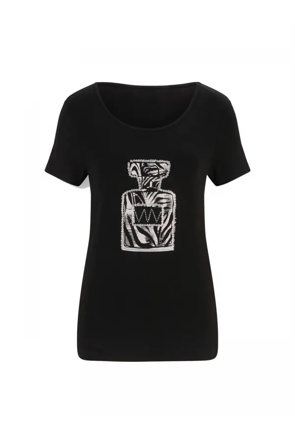 Payetli Baskılı Tişört - Siyah