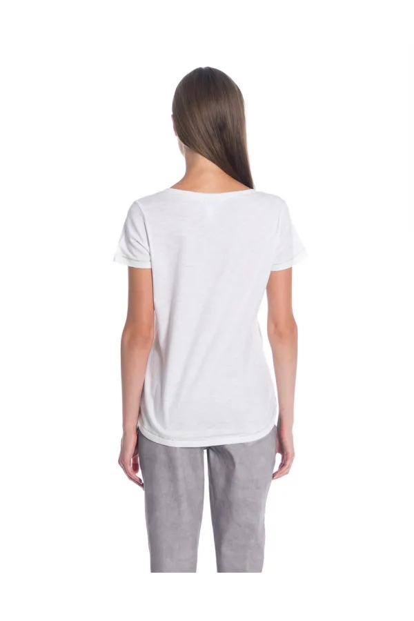 Baskılı Taşlı Tişört - Beyaz