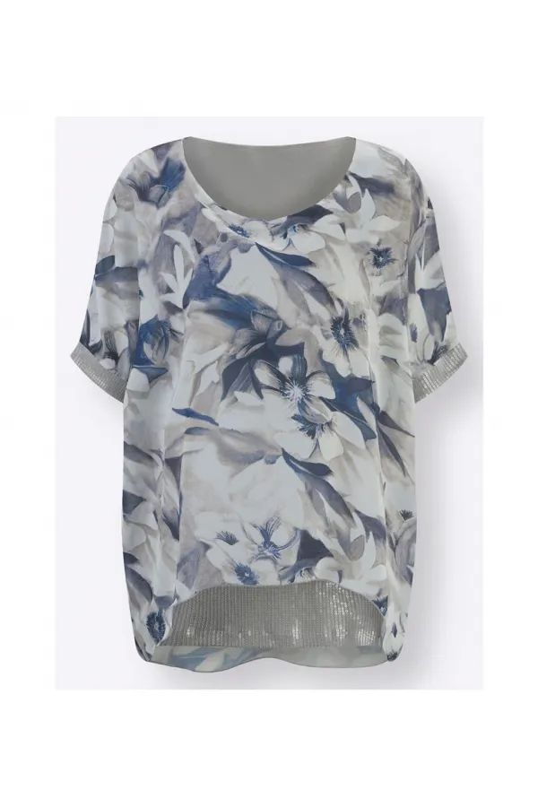 Uzun Payetli İpek Bluz - Baskılı