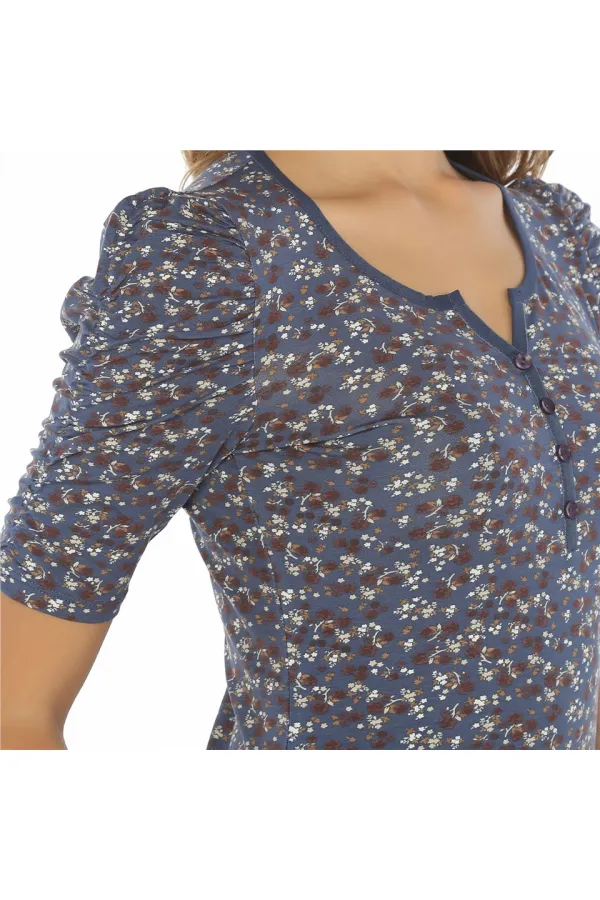 Çiçek Desenli Tişört - Mavi