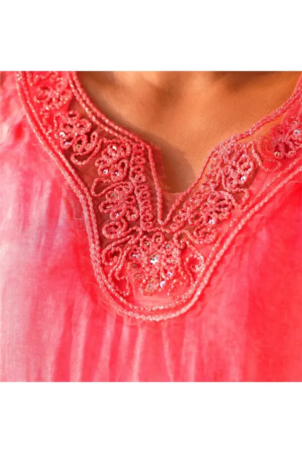 2 Parça İşlemeli Dantelli İpek Bluz - Narçiçeği