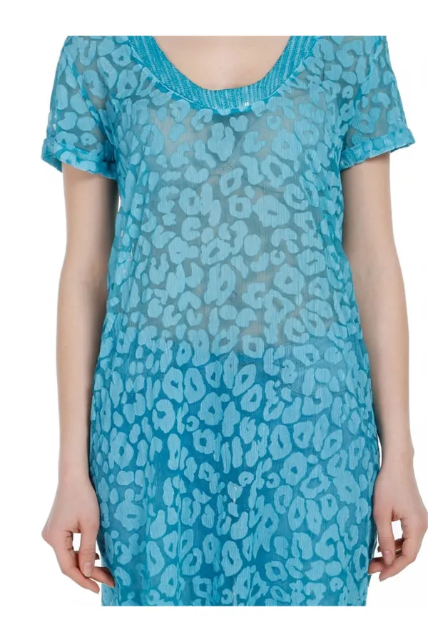 İpek Leopar Desenli Plaj Elbise - Turkuaz