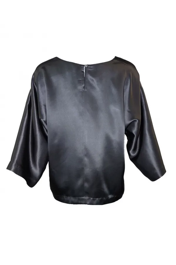Saten Saf İpek Bluz - Koyu Gri