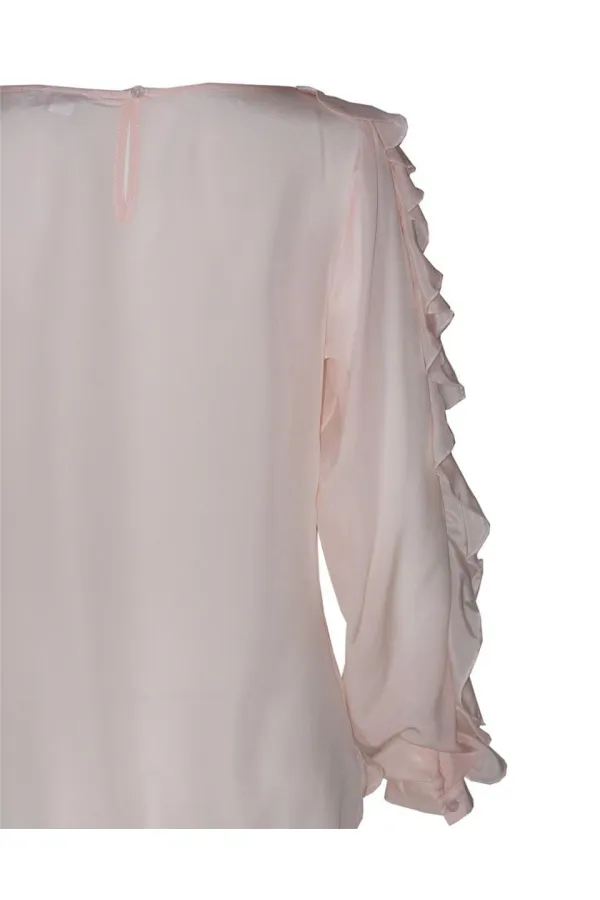 Kolları Fırfırlı Saf İpek Bluz - Gül Kurusu
