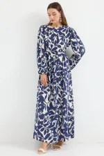 2513 Balloon Sleeve Hijab Dress - Navy Blue