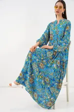 Kadın Desenli Uzun Tesettür Elbise 2585 - Turkuaz