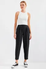 6637 High Waist Striped Fabric Trousers - Black