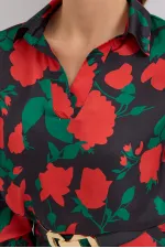 Women's Black Red Patterned Satin Two-Piece Suit 8018