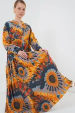 2423 Otantik Desenli Tesettür Elbise - L. Turuncu