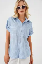 Women's Short Sleeve Striped Oversize Shirt 20303 - Blue