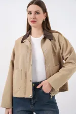 Kadın Cep Detaylı Kısa Ceket 5975 - Bisküvi