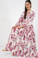 Kadın Desenli Uzun Tesettür Elbise 2585 - M. Kırmızı