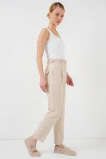 Kadın Pileli Kemerli Kumaş Pantolon 6725 - Krem