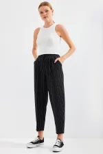 6637 High Waist Striped Fabric Trousers - Black