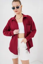 20153 Tek Cepli Oversize Keten Gömlek - Bordo 20153 Tek Cepli Oversize Keten Gömlek - Bordo
