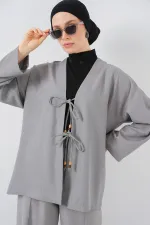 Kadın Keten Kimono İkili Takım 6727 - Gri