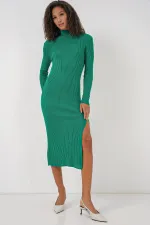15828 Yırtmaçlı Triko Elbise - Yeşil