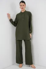 6678 Linen Tunic Trousers Two Piece Set - Khaki