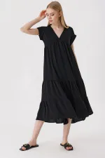 2398 V-Neck Ruffled Dress - Black