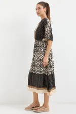 2517 Patterned Short Sleeve Viscose Dress - Black