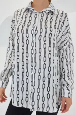 Women's Black and White Patterned Oversize Satin Shirt 3985