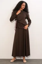 Women's Scarf Blouse and Skirt Two-Piece Set 8077 - Brown Women's Scarf Blouse and Skirt Two-Piece Set 8077 - Brown