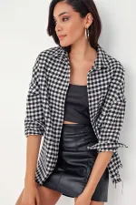 Kadın Ekose Desen Oversize Oduncu Gömlek 3854 - Siyah - Beyaz