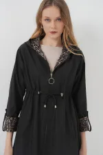 9091 Waist Drawstring Hooded Trench Coat - Plain Black