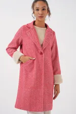 9145 Women's Herringbone Cashmere Coat with Feathered Sleeves - Red