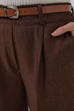 6686 Women's Pleated Belted Fabric Trousers - Brown