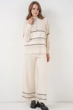 Ensemble deux pièces en maille rayée oversize pour femme 15957 - Écru