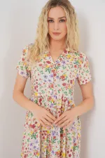 Women's Buttoned-Down Short Sleeve Floral Dress 2561 - Cream