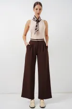 Women's Wide Leg Fabric Trousers 30088 - Brown