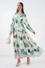 Kadın Desenli Uzun Tesettür Elbise 2585 - Yeşil 1