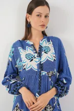 Robe longue hijab à motifs pour femme 2585 - Bleu foncé