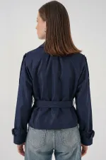Women's Belted Short Trench Coat 5970 - Navy Blue