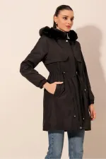 9129 Kapüşonlu Suni Kürklü Kaban - Siyah