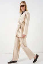 Kadın Yandan Bağlamalı Ceket Pantolon İkili Takım 30099 - Krem