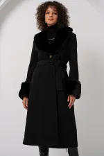 9149 Fur Detail Long Coat - Black