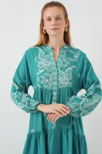 Kadın Desenli Uzun Tesettür Elbise 2585 - Mint