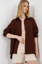 Kadın Uzun Oversize Gömlek 20334 - Kahverengi Kadın Uzun Oversize Gömlek 20334 - Kahverengi