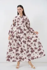 Kadın Lilyum Kumaş Uzun Tesettür Elbise 2593 - Kahverengi