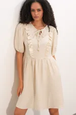 Women's Tie-Neck Short-Sleeve Ruched Dress 2600 - Cream