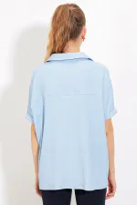 Chemisier en maille bleu oversize à col polo pour femme 0486