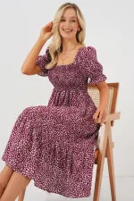 Women's Short-Sleeve Floral Dress 2556 - Burgundy
