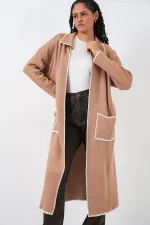 Kadın Uzun Oversize Triko Hırka 15962 - Camel