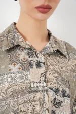 Women's Oversize Patterned Satin Shirt 20365 - Çağla