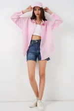 Kadın Uzun Oversize Gömlek 20320 - Pudra