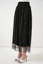 Kadın Flok Baskılı Astarlı Etek 8076 - Siyah